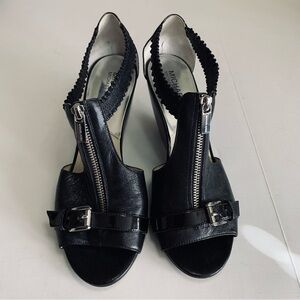 Michael Kors Black Leather Peep Toe Wedge- Sz 10 M